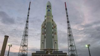Europe's Ariane 5 rocket with the Jupiter Icy Moon Explorer in its nose cone on a launch pad in Kourou, French Guiana.