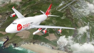 Virgin Orbit's Cosmic Girl carrier plane takes off from Spaceport Cornwall for a launch in this artist's view.