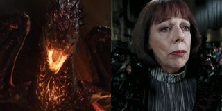 Dragon, left, is voiced by Frances de la Tour, right, in Dolittle