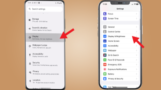 Screenshot showiScreenshot showing an Android and iOS device with settings open and red arrows pointing at Display settingsng an Android and iOS device with settings open