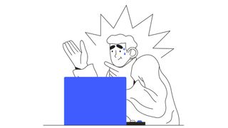 A stylized illustration of a man looking anxious in front of a laptop.