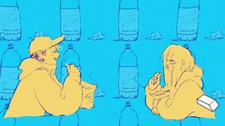 If Found art with two people sat opposite each other eating chips. The background is a hand-drawn blue screen with soda bottles on it