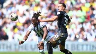  Jan Bednarek of Southampton fouls Brandon Thomas-Asante of West Bromwich Albion ahead of the Sky Bet Championship Play-Off Semi-Final Southampton vs West Brom 