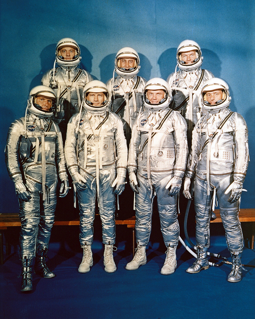 The National Aeronautics and Space Administration came into being on October 1, 1958. NASA announced the seven Project Mercury Astronauts on April 9, 1959, only six months later. They are: (front, l to r) Walter H. Schirra, Jr., Donald K. Slayton, John H.