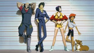 (L to R) Jet Black, Spike Spiegel, Faye Valentine, Edward Wong Hau Pepelu Tivruski IV, and Ahn in a lineup in art for Cowboy Bebop