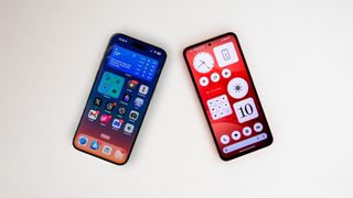 Comparing displays between an iPhone next to a CMF Phone 1