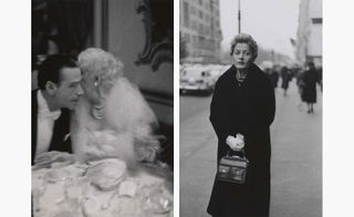 Elderly woman whispering to her dinner partner, Woman with white gloves and a pocket book