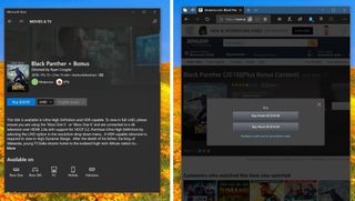 Microsoft (left) offers Black Panther (2018) in 4K, while Amazon (right) does not.