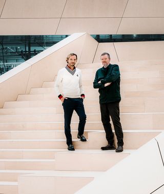 Langes-Swarovski and Trædal Thorsen standing on the staircase to the new Manufaktur Building