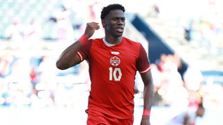 Canada&#039;s Jonathan David celebrates scoring his team&#039;s first goal against Peru at Copa America 2024.