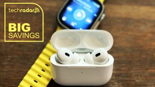 AirPods Pro 2 earbuds in charging case, resting on an Apple Watch