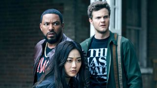Laz Alonso (Mother's Milk), Karen Fukuhara (Kimiko), Jack Quaid (Hughie Campbell) in The Boys season 3, one of the best shows on Prime Video