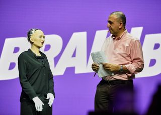 The world's first robot citizen, Sophia speaks at the Brain Bar festival in Budapest, Hungary.