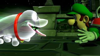 Luigi and a friendly ghost dog staring at each other in Luigi's Mansion 2 HD.