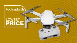 DJI Mini 4K drone on yellow background with low price text