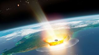 An illustration of an asteroid hitting Earth, which takes up most of the screen. The impact causes a large fiery blast.