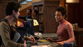 Penn Badgley as Joe Goldberg and Tati Gabrielle as Marienne Bellamy in You