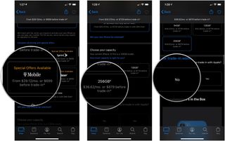 iPhone order pre-approval, showing how to tap a carrier or SIM-free option, tap storage size, then tap No or Yes