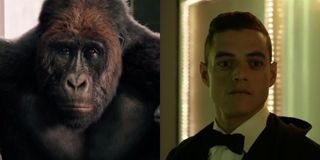 Chee-Chee, a gorilla, left, is voiced by Rami Malek, right, in Dolittle