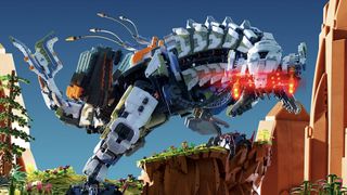 A Lego Thunderjaw in side profile 