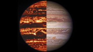 This composite image shows views of Jupiter in infrared (left) and visible light (right) taken by the Gemini North telescope and NASA's Hubble Space Telescope, respectively.