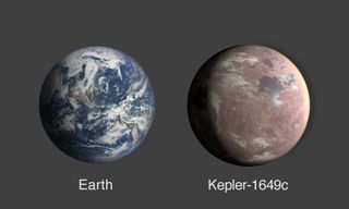 A comparison of Earth and Kepler-1649c, an exoplanet only 1.06 times Earth's radius.