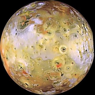 Io, the most volcanic body in the solar system, is seen in this composite image obtained by NASA's Galileo spacecraft in 1996. The smallest features that can be discerned are 2.5 kilometers in size.