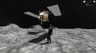 a rendered image of a man standing on the rocky grey surface of an asteroid. He looks behind him at a space probe hovers in the distance behind him against a starry sky of space.