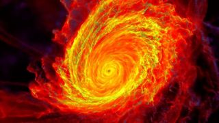 a giant swirl of red and yellow fire. hints of green are faintly present in the yellows.