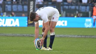 England&#039;s fly-half George Ford gets ready to kick a penalty ahead of the England vs Wales in round two of the 2024 Six Nations rugby tournament.