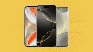 Apple iPhone 16 Pro, Google Pixel 9 Pro, and Samsung Galaxy S24 on yellow background