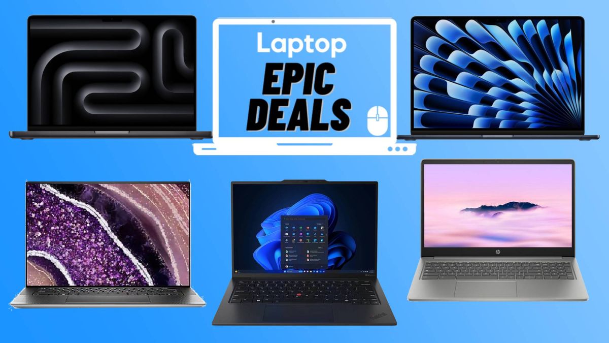 Presidents&#039; Day laptop deals graphic with Dell XPS 15, MacBook Air M2, MacBook Pro M3, ThinkPad X1 Carbon Gen 12, HP Chromebook Plus 