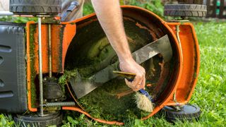 Cleaning lawnmower blades with brush