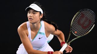 Emma Raducanu of Great Britain serves in her first round singles match against Sloane Stephens of United States during day two of the 2022 Australian Open at Melbourne Park on January 18, 2022 in Melbourne, Australia.