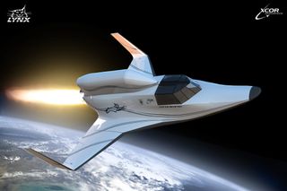 XCOR Aerospace's Lynx spacecraft is shown launching into space with a science payload on its dorsal side in this artist's illustration.