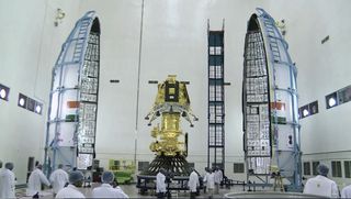 The Indian Space Research Organisation's Chandrayaan-2 spacecraft (bottom) and its Vikram lander (top) are prepared to be encapsulated by a payload fairing before being loaded on their Geosynchronous Satellite Launch Vehicle Mark III-M1 rocket for a July 2019 launch.