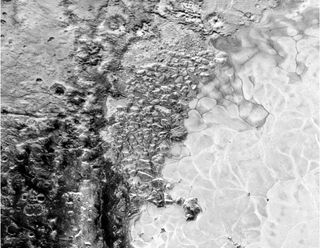 The strange polygon-shaped terrain on Pluto can be seen clearly on the right side of this image captured by NASA's New Horizons spacecraft during its historic flyby on July 14, 2015. Scientists say the strange shapes are signs of geologic activity from churning nitrogen ice that can change the face of Pluto over time.