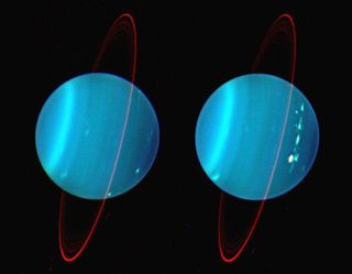 The two sides of the planet Uranus, as viewed in this composite image by the Keck II Telescope at near infrared wavelengths. The bright splotches are clouds.