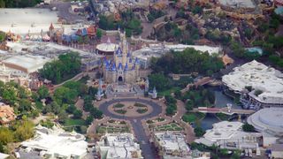 An aerial view of an empty Walt Disney World in Florida. 