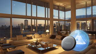 Aqara Voice Mate H1 device superimposed over image of penthouse living room