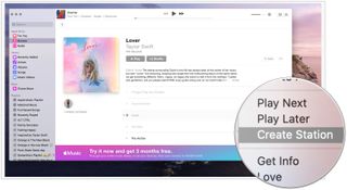 To create a radio station on Mac, click on the Mac app, mouse over the song or artist you want, then click on the More button. Select Create Station.