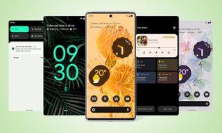 Five Google Pixel 6 renders next to each other, showing off different menus within Android 12.