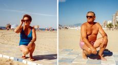 Two pictures next to each other of an old man and and old woman kneeling on the beach.