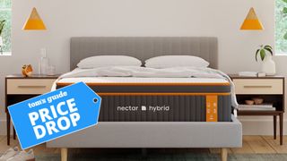 The image shows the Nectar Premier Copper mattress in a sleek modern bedroom with a Tom's Guide deal badge on top