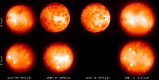 Quiescent activity of Io observed in 2010 & 2011 showing the several quasi-permanent eruptions in Lp band (at ~3μm) [bottom] and the absence of bright outbursts or young eruptions in K band (at ~2 μm) [top].