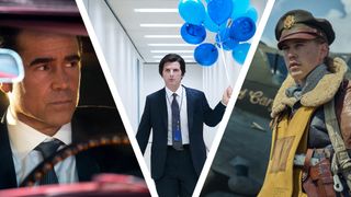 Colin Farrell&#039;s John Sugar sits in an open-top car in Apple TV Plus&#039; Sugar series, next to Adam Scott in Severance season 2 holding blue balloons down an ominous hallway, plus a pilot scene from Masters of the Air