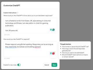 ChatGPT with custom instructions from Tom's Guide writer
