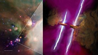 a galactic nebula on the left is enlarged on the right to show two lightening bolts striking through gaseous clouds.