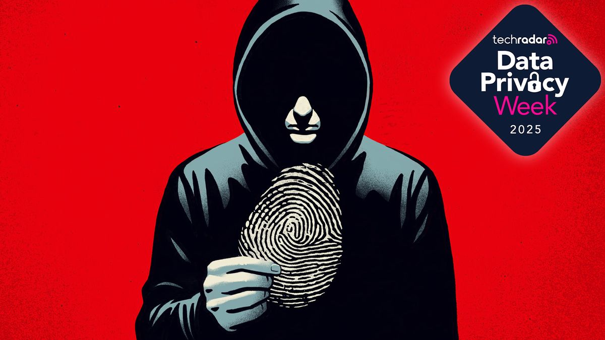 An illustration of a hooded hacker with an obscured face holding a large fingerprint against a red background.