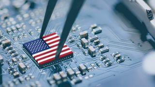 A US flag atop a silicon computer chip